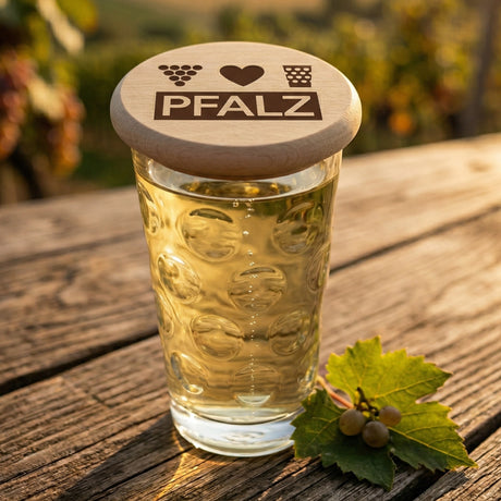 Der Dubbeglas Holzdeckel ist mit liebevollem Pfalz-Motiv bedruckt.
