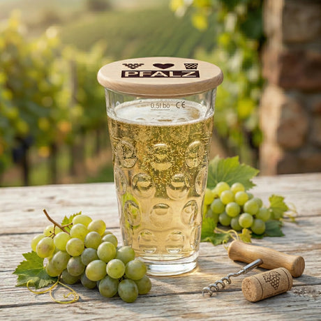 Der Pfälzer Dubbeglas Holzdeckel für entspannten Schorlegenuss im Freien.