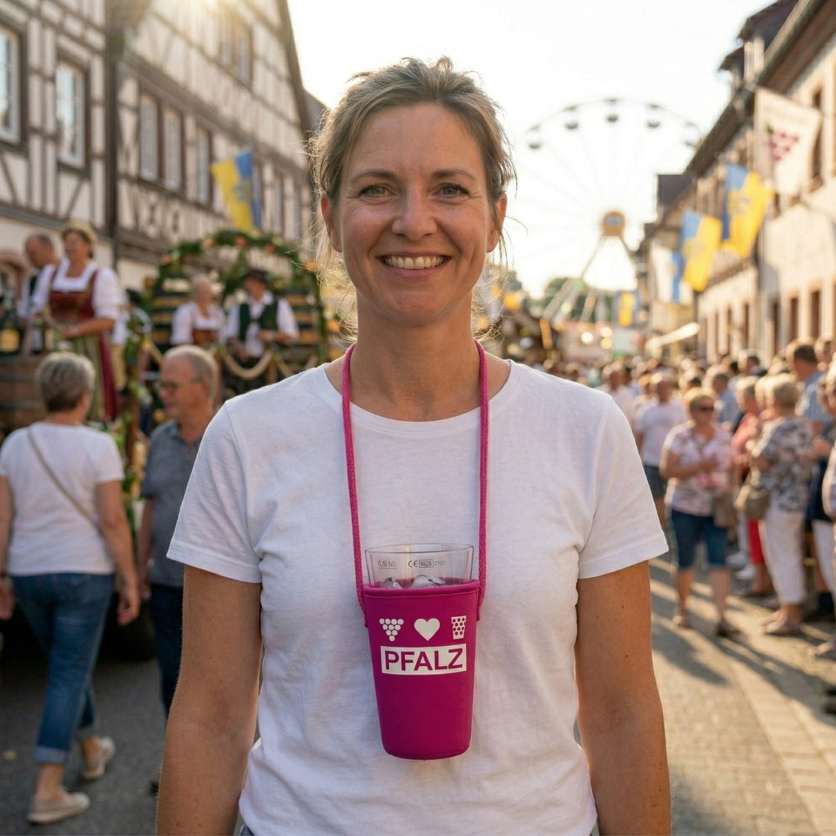 Mit dem Pfälzer Schorleglashalter hast Du die Hände frei auf dem Winzerfestumzug in Neustadt an der Weinstraße
