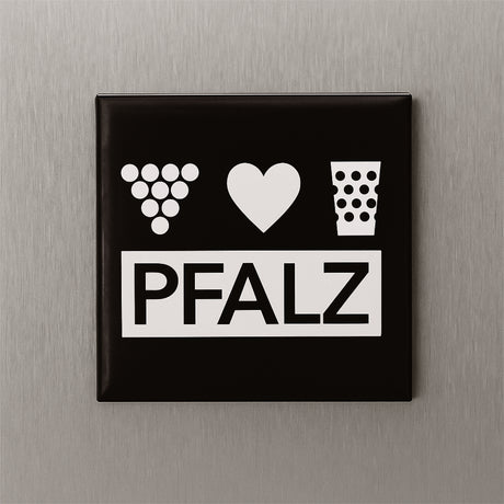Pfalz Kühlschrankmagnet mit Weintrauben, Herz & Dubbeglas (Schwarz)