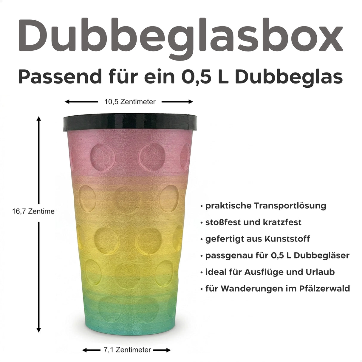 Regenbogen - Dubbeglas Transportbox, Größenangabe