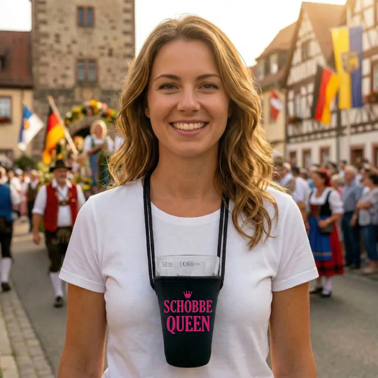 Der Schobbe Queen 0,5 Liter Dubbeglas Halter ist Dein perfekter Begleiter für jedes Pfälzer Weinfest
