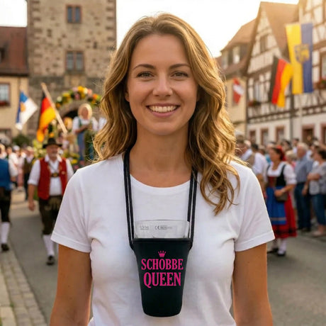 Der Schobbe Queen 0,5 Liter Dubbeglas Halter ist Dein perfekter Begleiter für jedes Pfälzer Weinfest
