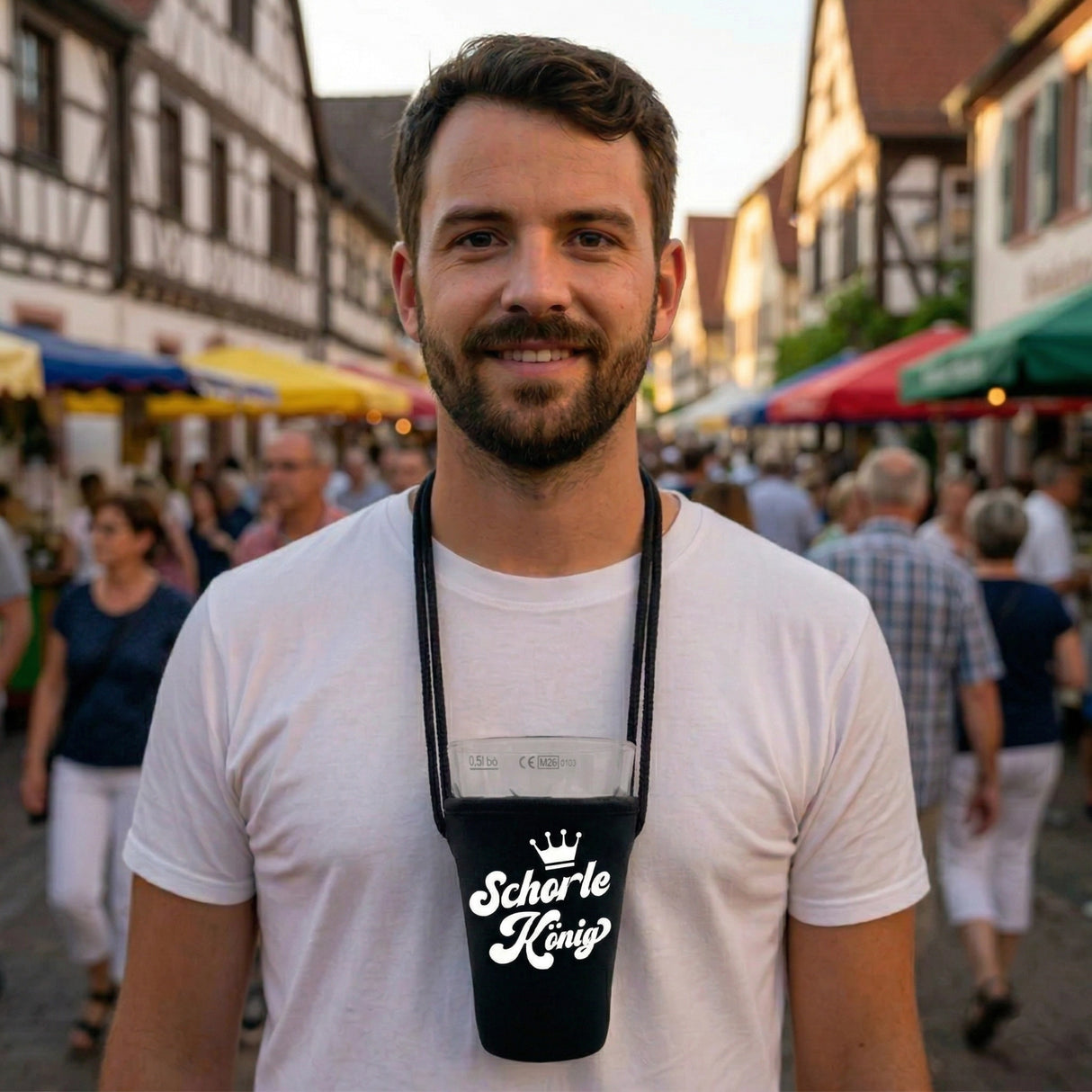 Hände frei, Schorle sicher – so feiert der Schorle König  entspannt au feinem Pfälzer Weinfest.
