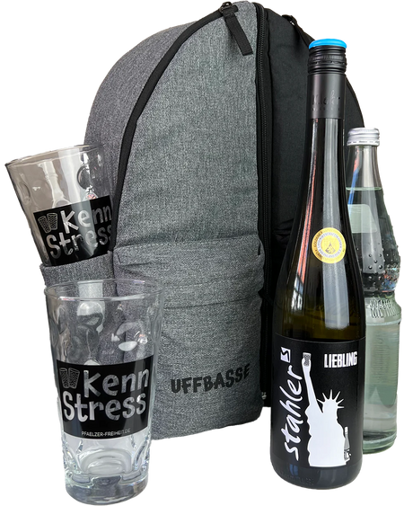 Schorle Rucksack, Dubbegläser, Wein und Sprudel