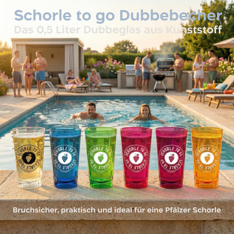  Schorle to go Dubbebecher 0,5 Liter  - Das Plastik Dubbeglas ist  bruchsicher und daher ideal für eine Pfälzer Schorle am Pool.