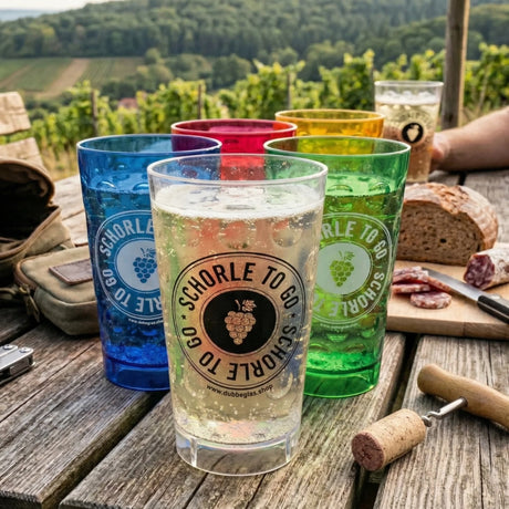 Der Schorle to go Dubbebecher ist ideal um auf einer Wanderung im Pfälzerwald eine Schorle zu trinken.