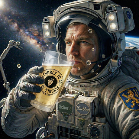 Der Schorle to go Dubbebecher 0,5 Liter ist auch bei Ausflügen im Weltall, ideal um eine Pfälzer Rieslingschorle zu trinken.