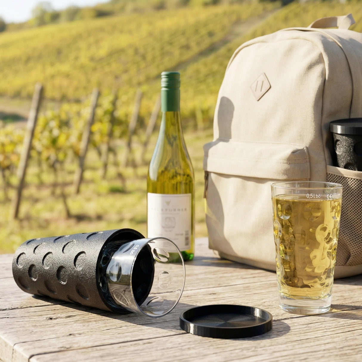Die Transportbox für 0,5 Liter Dubbegläser ist ideal für Ausflüge in der Pfalz.