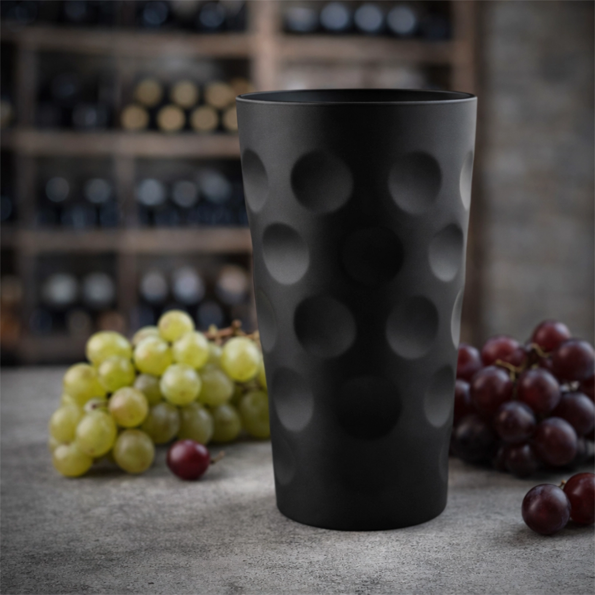 Schwarzes Dubbeglas und Trinkglas in 0,5 Liter