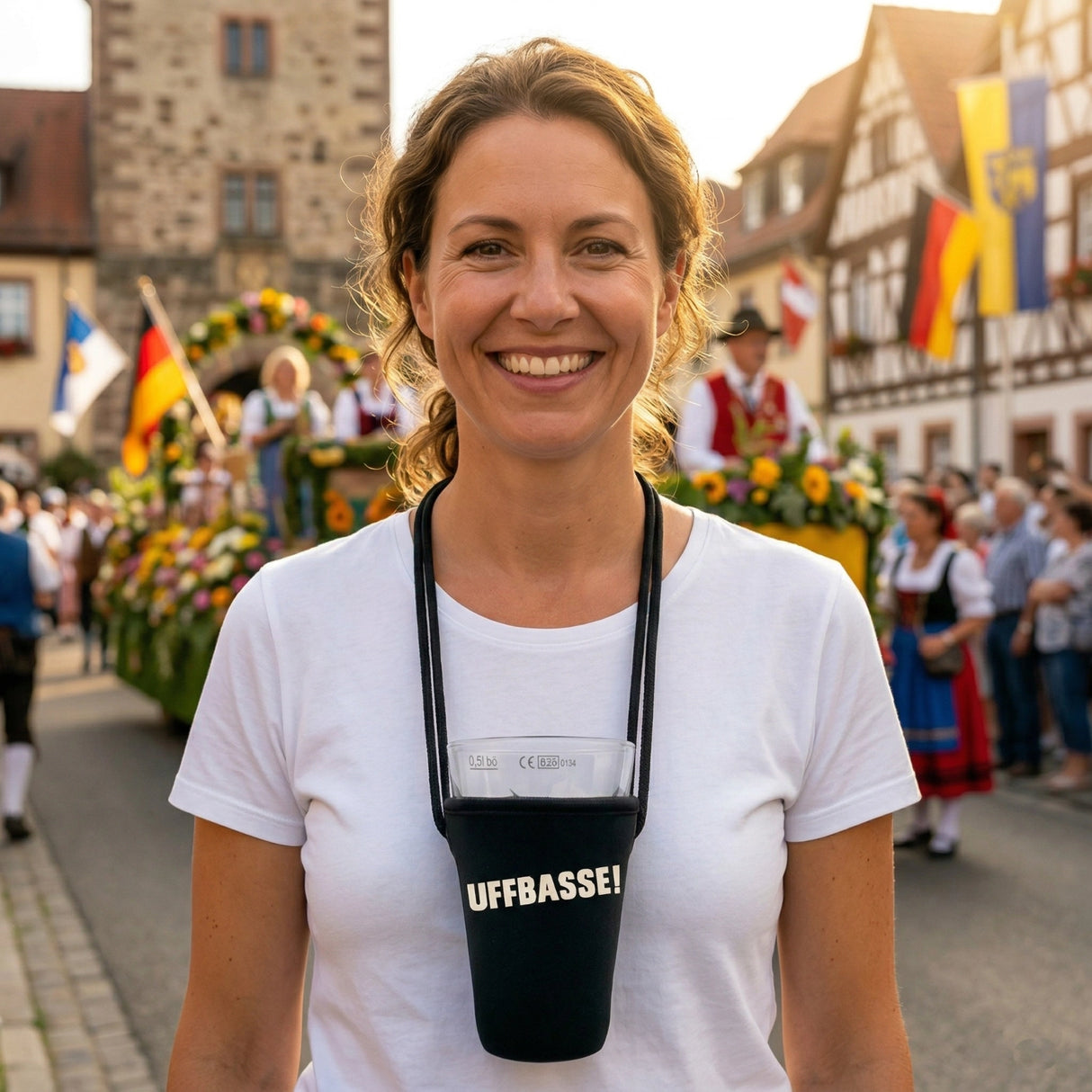Freie Hände, voller Genuss . mit dem Schorlehalter für 0,5 Liter Dubbegläser beim Winzerfestumzuig in Neustadt an der Weinstraße
