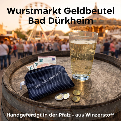Der Worschtmarktgeld Geldbeutel ist aus Winzerstoff - ideal für den Besuch auf dem Wurstmarkt in Bad Dürkheim